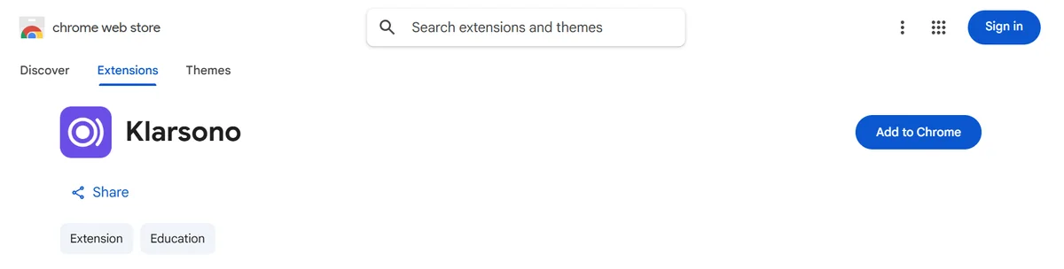Klarsono’s page in the Chrome Web Store, with the “Add to Chrome” button.