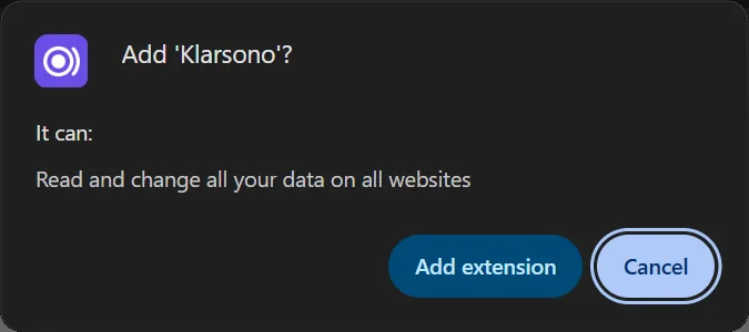 Chrome’s window asking you to confirm the installation, with the “Add extension” button.