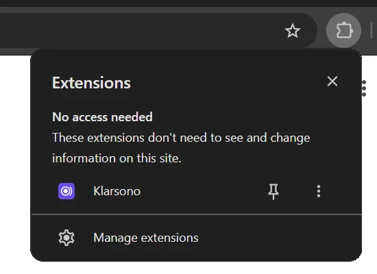 Chrome’s extensions menu, opened from the jigsaw piece, with the pin next to Klarsono.