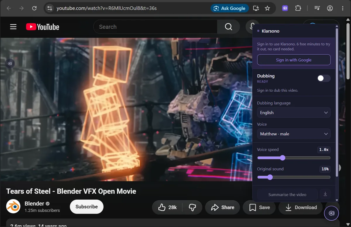 The Klarsono panel open over the video, with the “Sign in with Google” button and, below it, the “Dubbing” switch.
