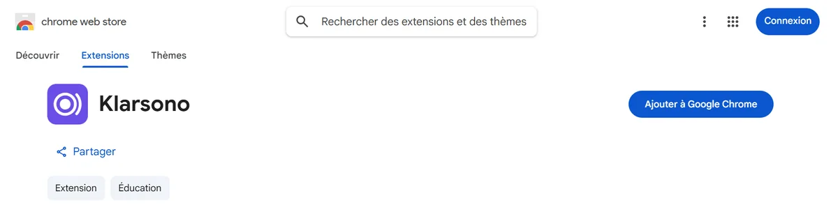 La page de Klarsono dans la boutique de Chrome, avec le bouton « Ajouter à Google Chrome ».