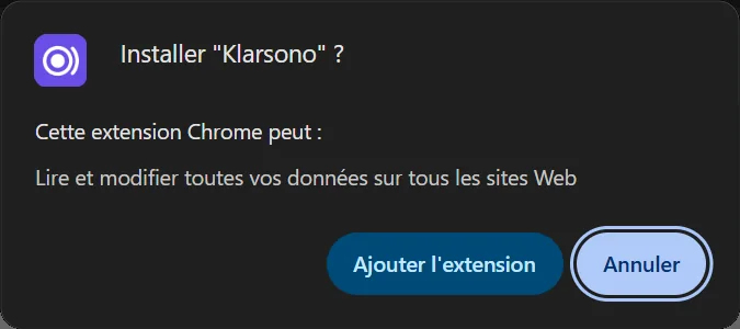 La fenêtre de Chrome qui demande de confirmer l’installation, avec le bouton « Ajouter l’extension ».