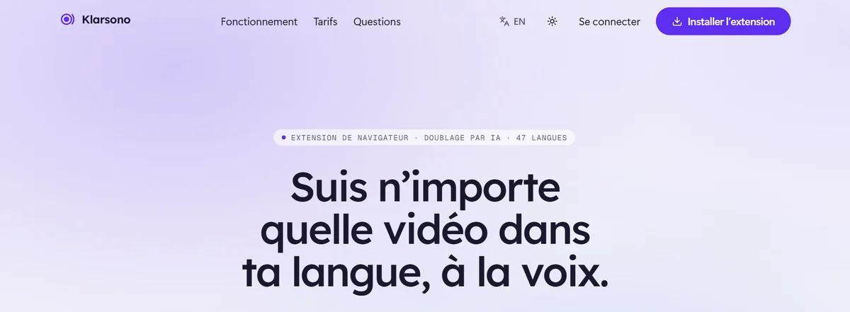 L’accueil de klarsono.com, avec le bouton « Installer l’extension » en haut à droite.