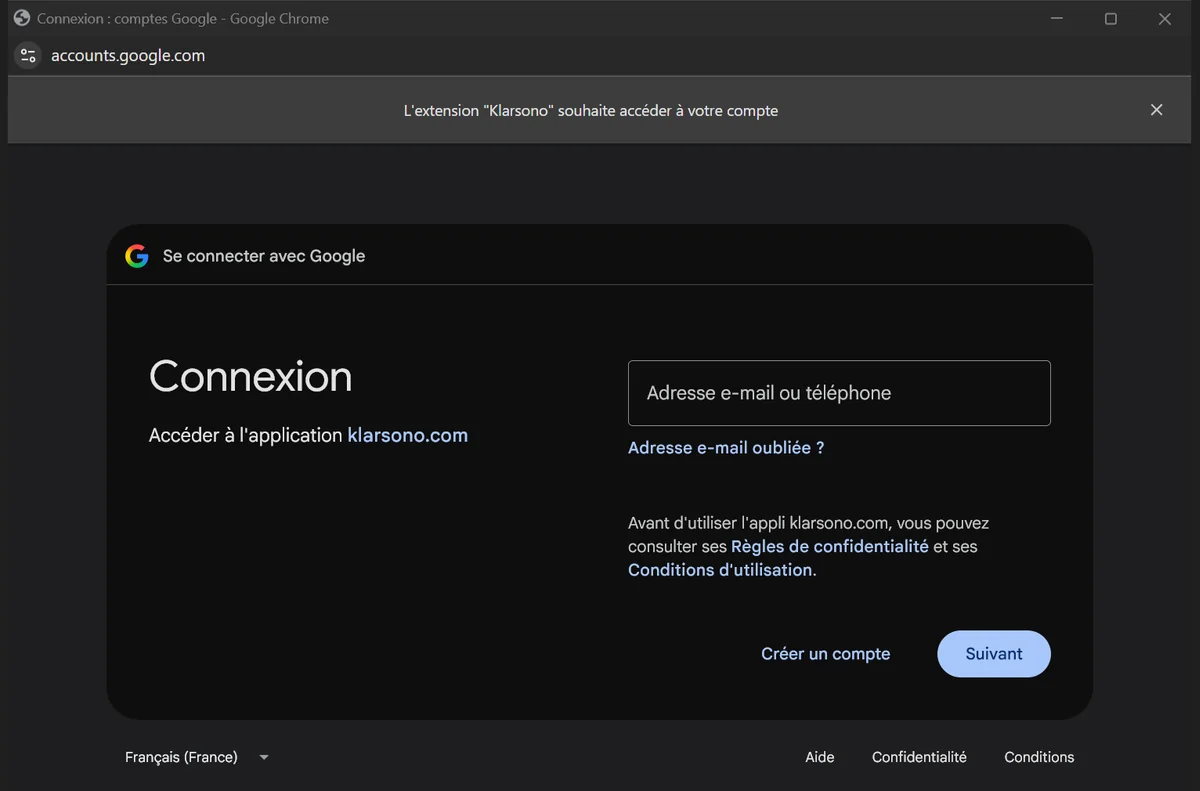La fenêtre de connexion de Google, qui demande l’accès pour Klarsono.