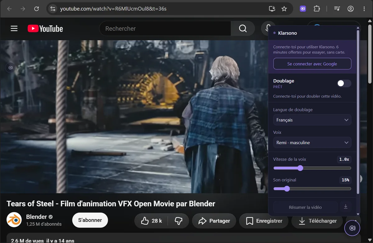 Le panneau de Klarsono ouvert sur la vidéo, avec le bouton « Se connecter avec Google » et, en dessous, l’interrupteur « Doublage ».