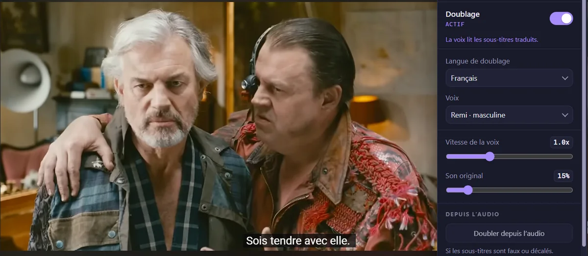 La vidéo doublée : les sous-titres traduits en français à l’image, et le panneau de Klarsono, doublage actif.